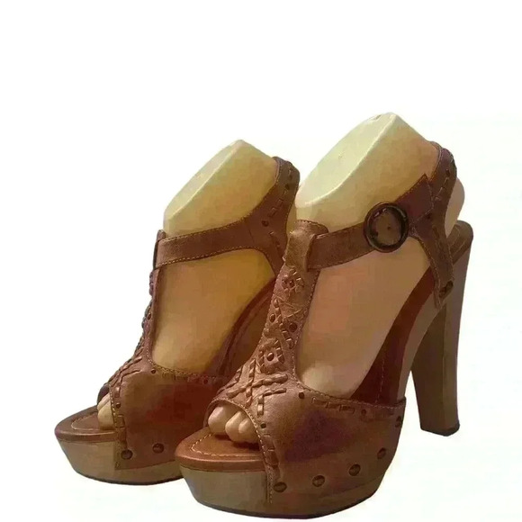 FRYE Fran X Stich Women Platform Brown Leather Wooden Heels Sandals Size 8.5 M - Picture 2 of 11